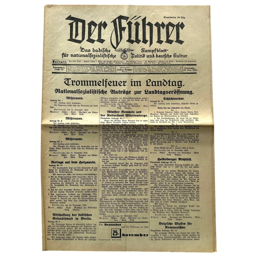 Original 1930 German NSDAP 'Der Führer' newspaper Karlsruhe