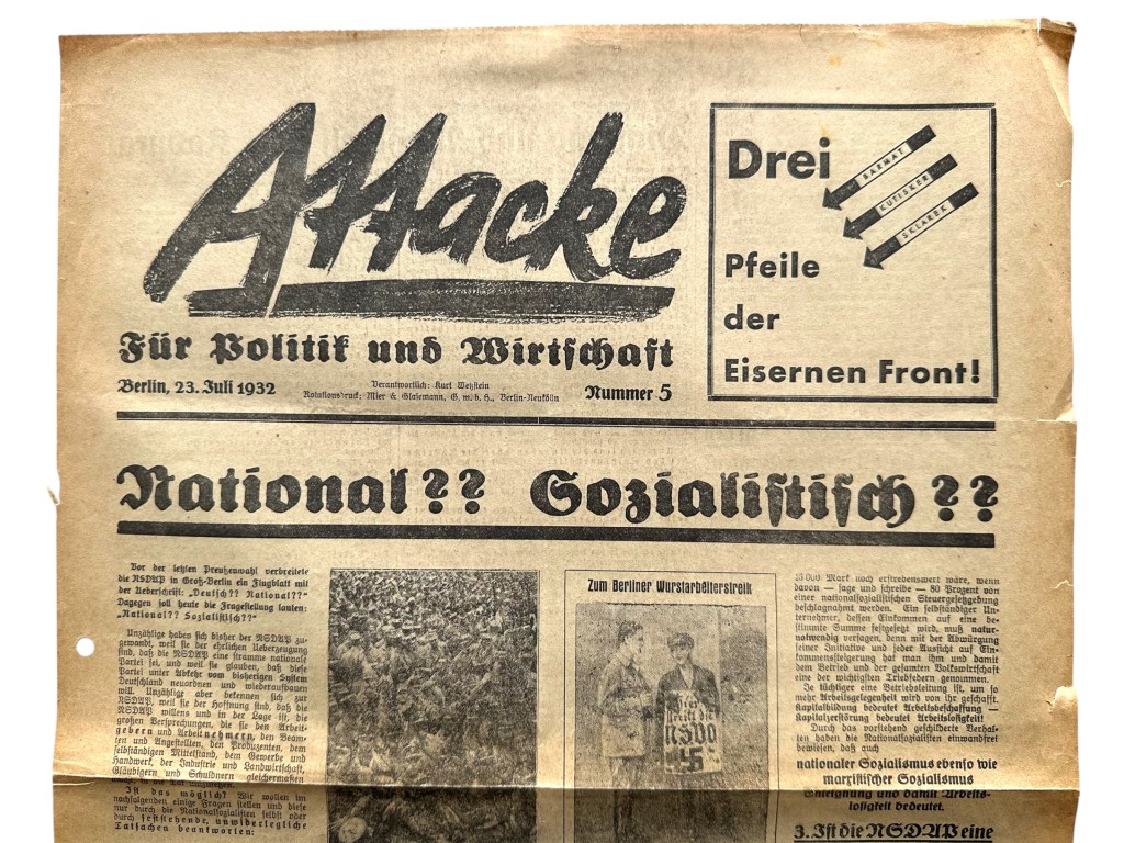 Original 1932 Anti-NSDAP Eiserne Front German newspaper ‘Attacke’