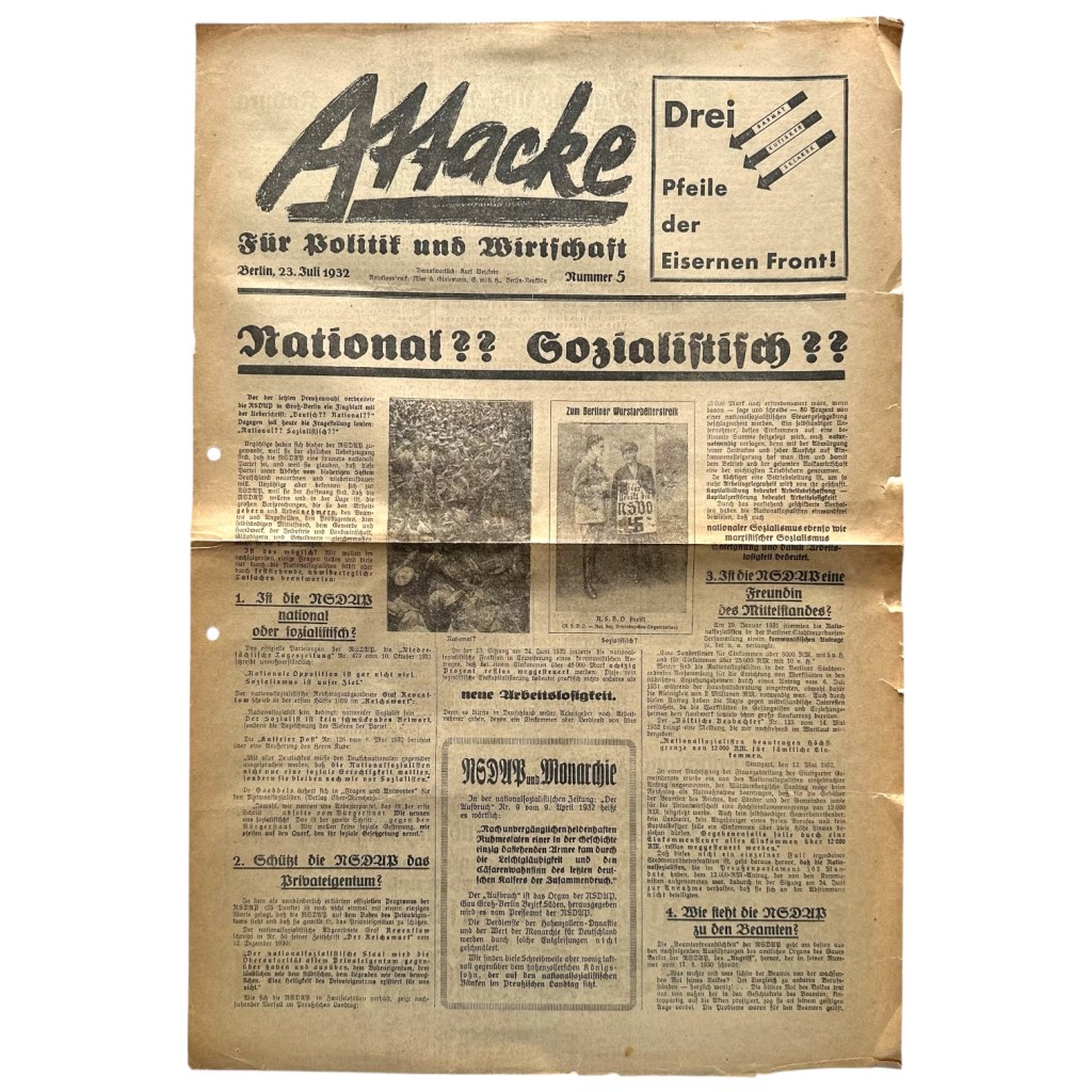Original 1932 Anti-NSDAP Eiserne Front German newspaper ‘Attacke’
