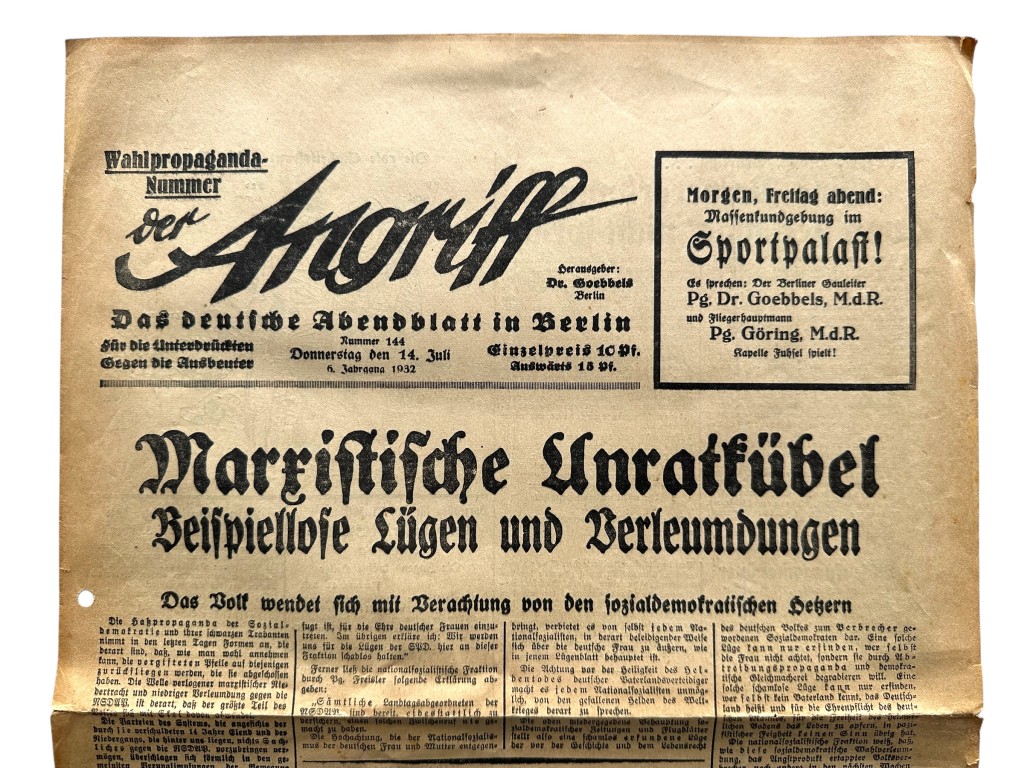Original 1932 German newspaper ‘Der Angriff’