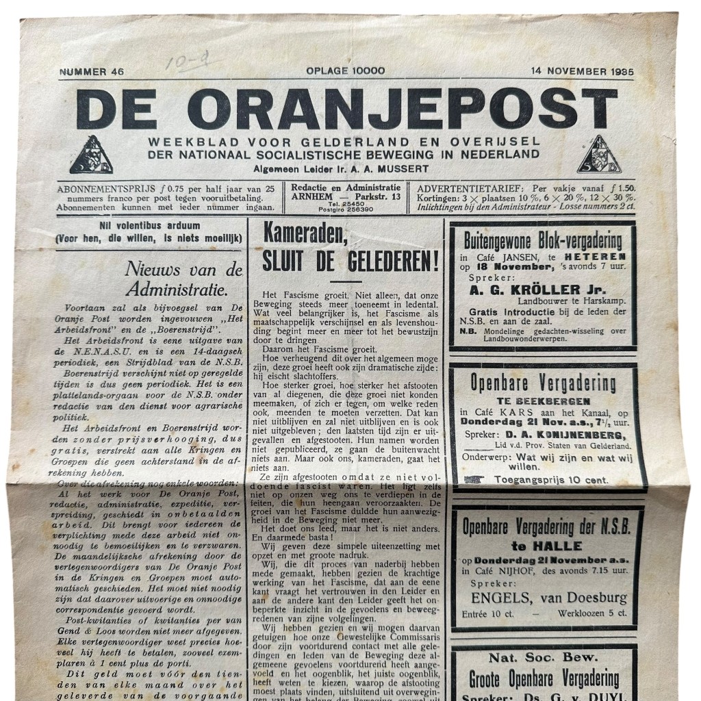 Originele Nederlandse NSB krant De Oranjepost uit 1935 met Mussert propaganda en vergaderingen in Arnhem Gelderland en Overijssel.