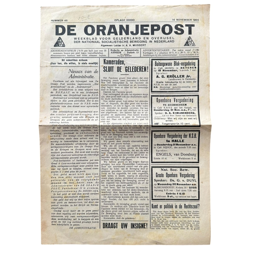 Originele Nederlandse NSB krant De Oranjepost uit 1935 met Mussert propaganda en vergaderingen in Arnhem Gelderland en Overijssel.
