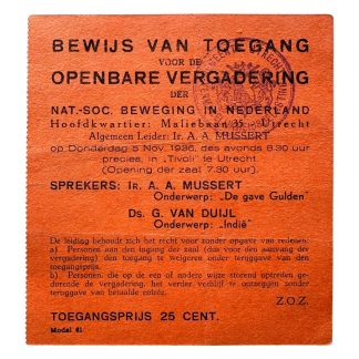 Original NSB admission ticket 1936 Anton Mussert Utrecht Tivoli National Socialist Movement Netherlands propaganda print
