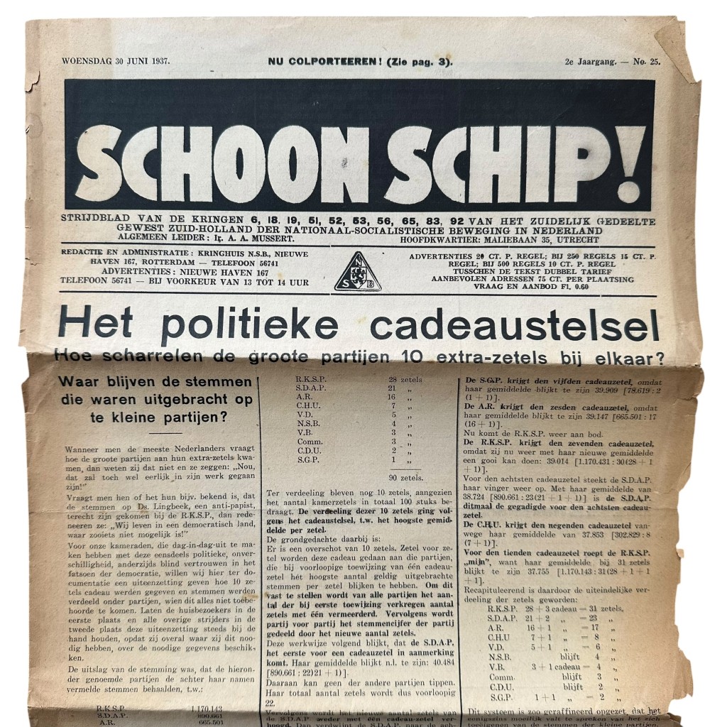 Original 1937 Dutch NSB local newspaper 'Schoon Schip' Zuid-Holland