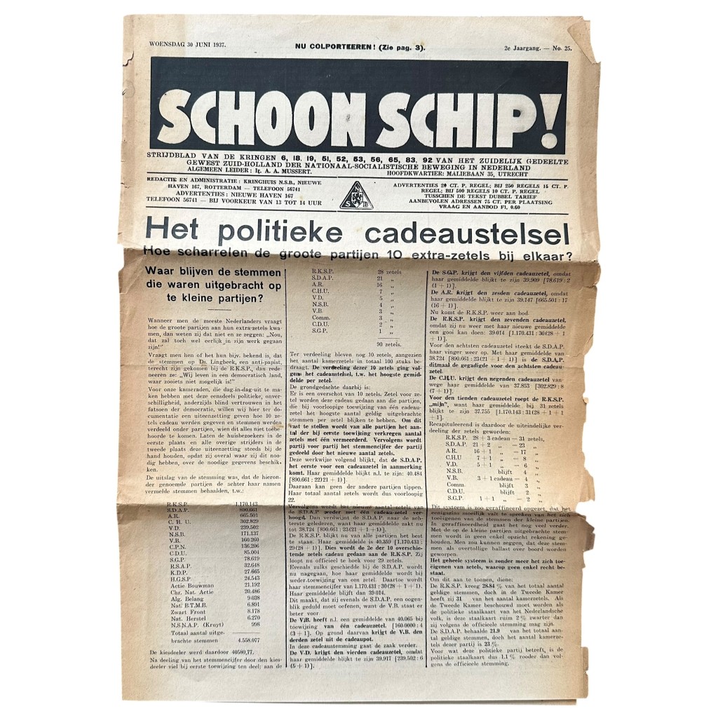 Original 1937 Dutch NSB local newspaper 'Schoon Schip' Zuid-Holland