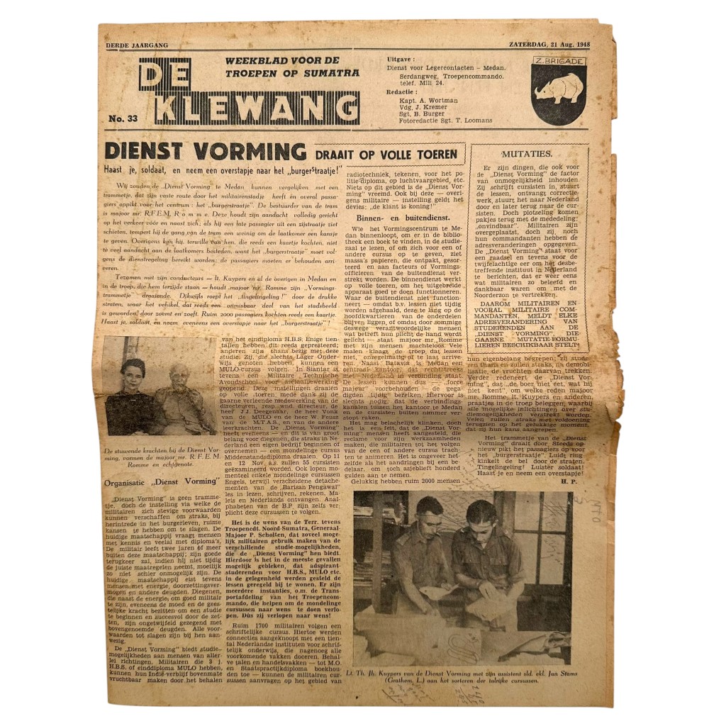 Originele De Klewang krant uit 1948 voor Nederlandse troepen op Sumatra in Nederlands-Indië met Z Brigade en Medan artikelen.