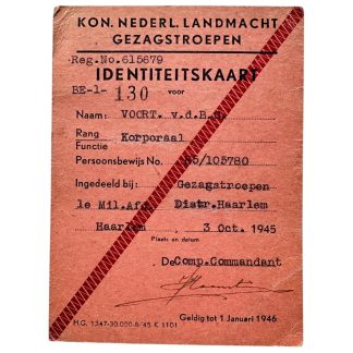 Original 1945 Dutch ID card Koninklijke Nederlandse Landmacht Gezagstroepen in Haarlem