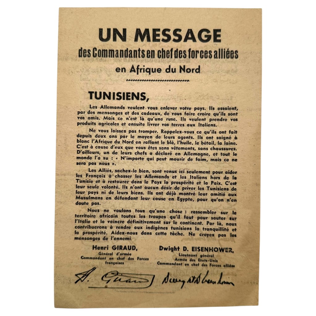 Original Allied propaganda leaflet aimed at the population of Tunisia in North Africa