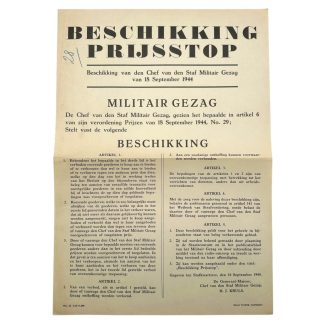 Original Dutch WWII poster titled 'Beschikking Prijsstop' issued by the Military Authority in March 1945 in Nijmegen