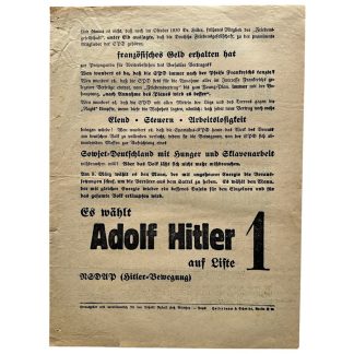Original 1930s German political election flyer issued by the NSDAP (Hitler-Bewegung)