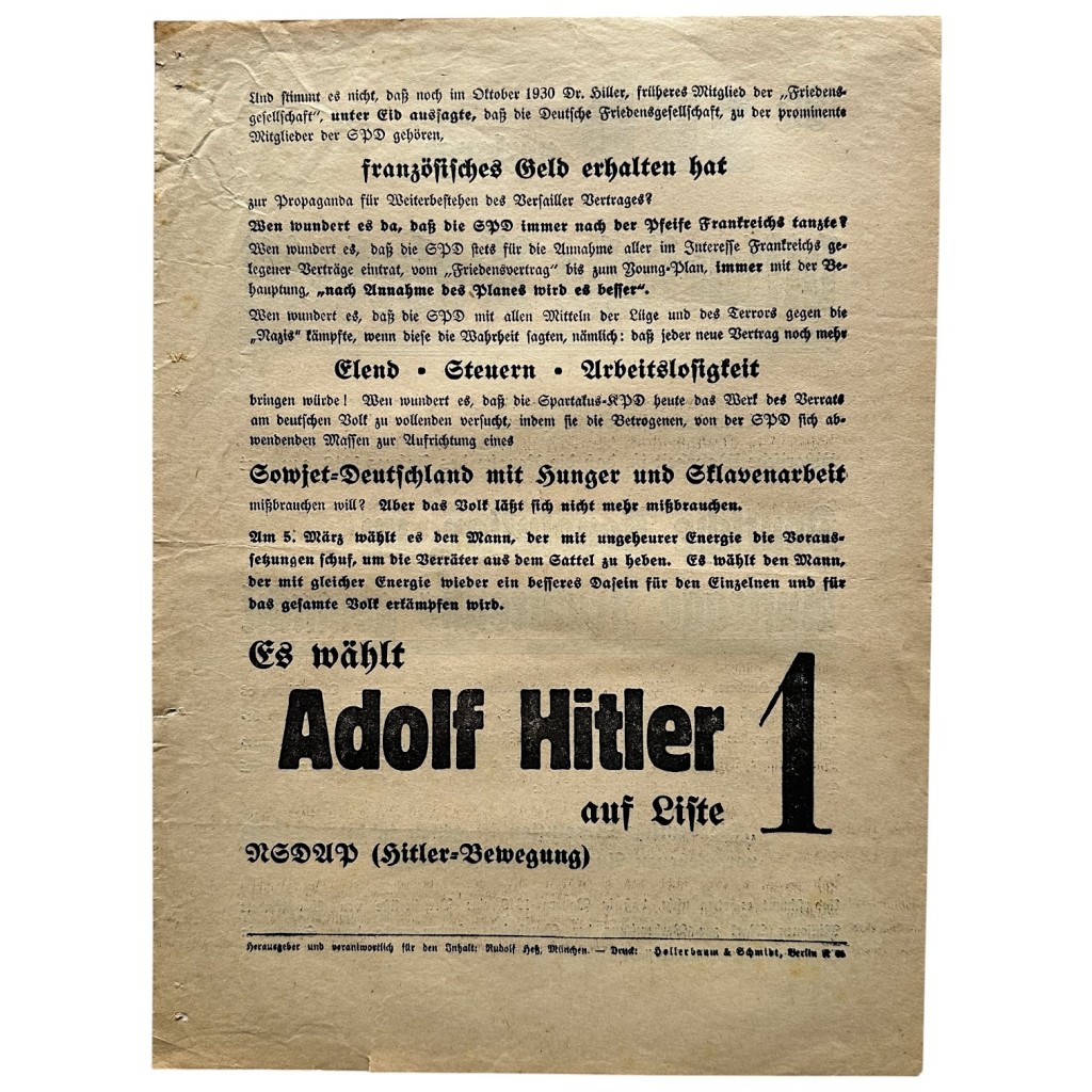 Original 1930s German political election flyer issued by the NSDAP (Hitler-Bewegung)