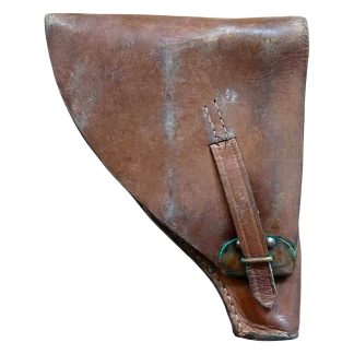Original pre-1940 Belgian army FN pistol holster in brown leather with ammunition pouch and military belt attachment.
