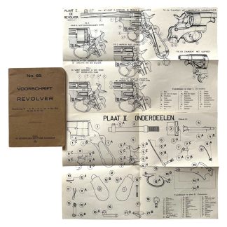 Origineel Nederlands leger revolver voorschrift 1936 met technische poster pre 1940 militaria handleiding Breda