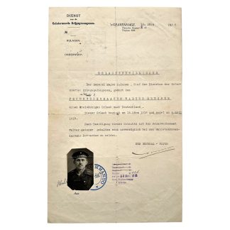 Origineel Duits Eerste Wereldoorlog verlofdocument 1918 met stempels Rotterdam Berlijn Zeebrugge en foto Walter Metzner.