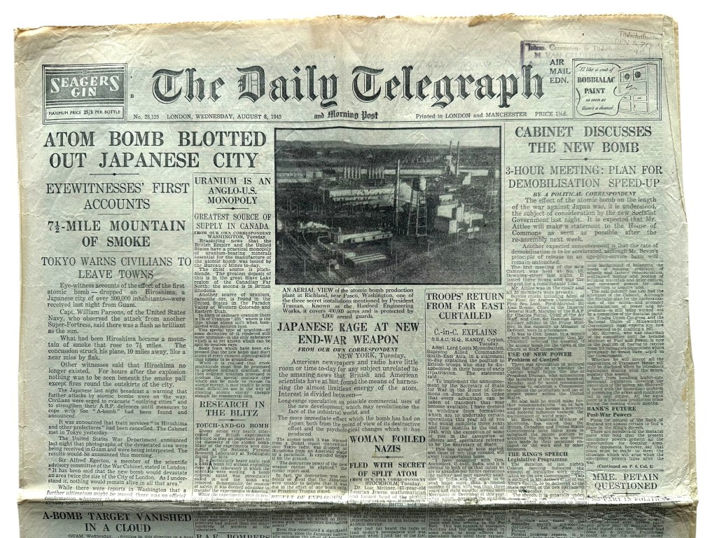 Original WWII British The Daily Telegraph and Morning Post newspaper 'Atomic bombing of Hiroshima'