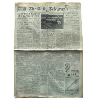 Original WWII British The Daily Telegraph and Morning Post newspaper 'Atomic bombing of Hiroshima'