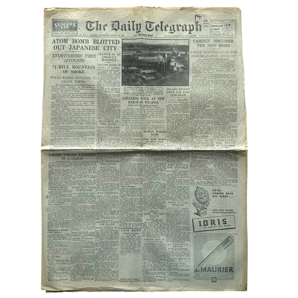 Original WWII British The Daily Telegraph and Morning Post newspaper 'Atomic bombing of Hiroshima'