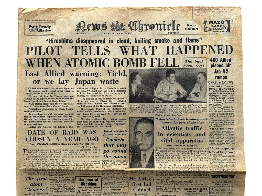 Original WWII British newspaper 'News Chronicle' atomic bombing of Hiroshima