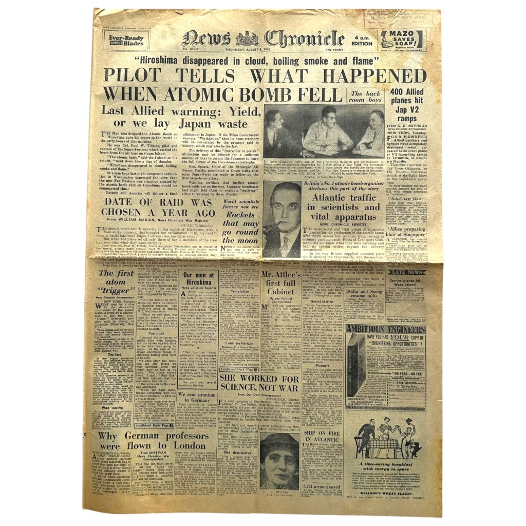 Original WWII British newspaper 'News Chronicle' atomic bombing of Hiroshima