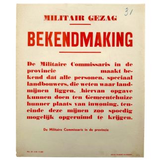 Originele Nederlandse Militair Gezag openbare bekendmaking poster maart 1945 gedrukt in Nijmegen WWII affiche.