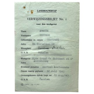 Original WWII Dutch 'Landbouwhulp' referral document Kasteel Amstenrade in Limburg - Max de Marchant et d’Ansembourg