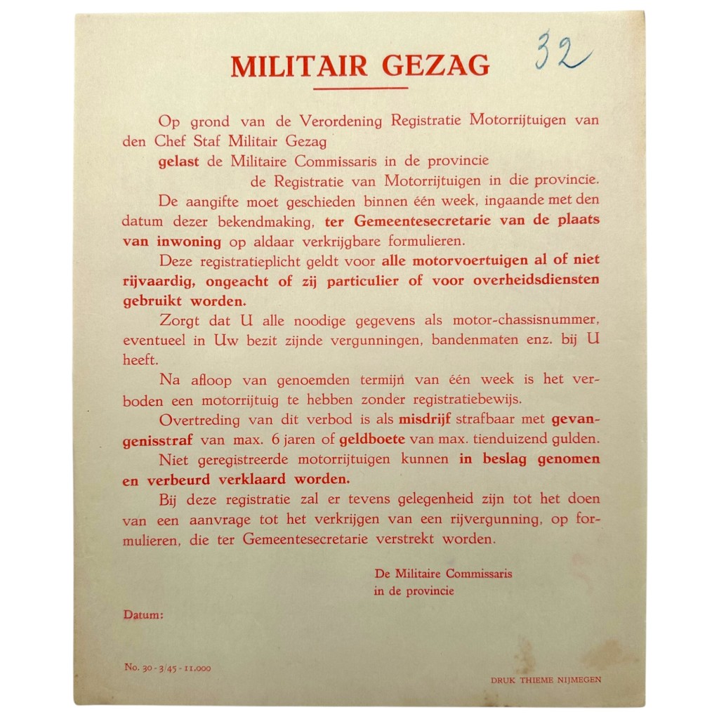 Original WWII Dutch 'Militair Gezag' poster Nijmegen