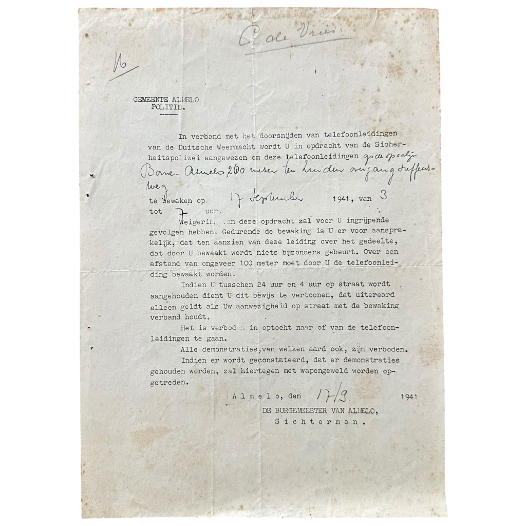 Origineel WWII Nederlands politie document uit Almelo 1941 betreffende Duitse Wehrmacht telefoonleidingen en bezettingstoezicht.