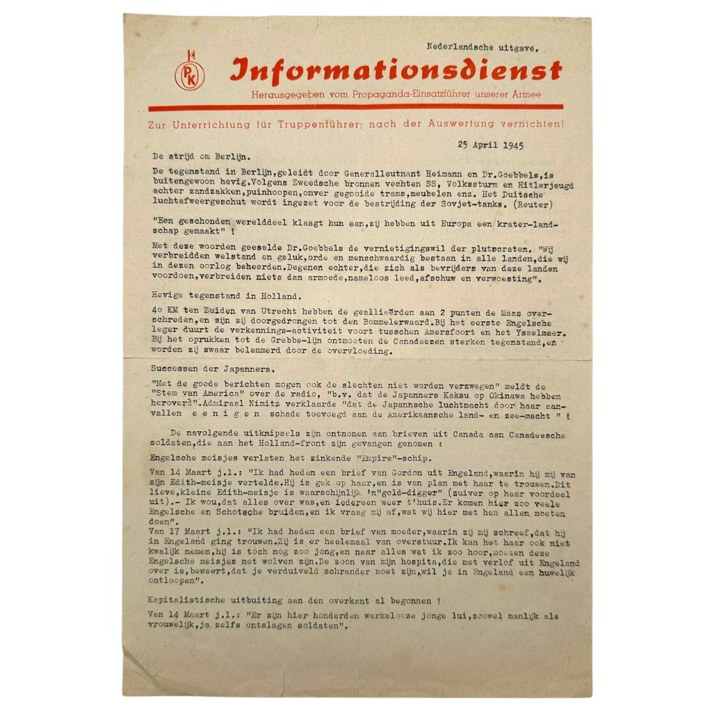 Original WWII Dutch Waffen-SS volunteers newspaper April 1945 'Infomationsdienst'