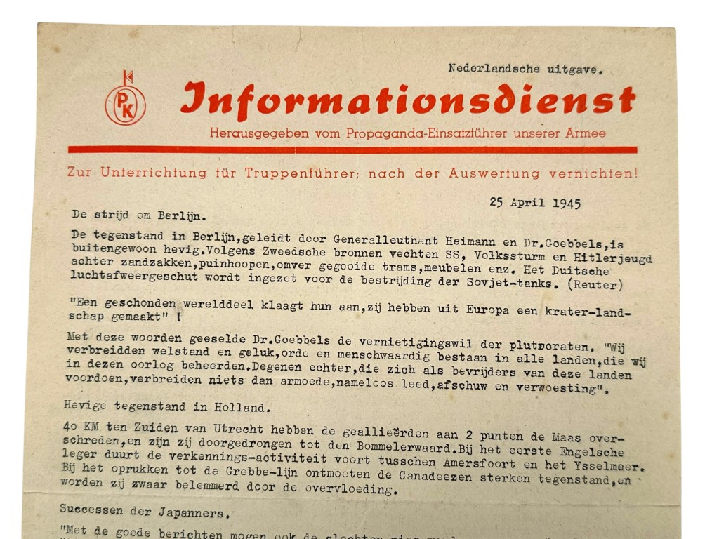 Original WWII Dutch Waffen-SS volunteers newspaper April 1945 'Infomationsdienst'