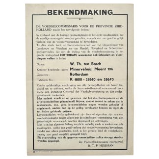 Originele WWII bekendmakingsposter voedselvoorziening Rotterdam Schiedam Vlaardingen juli 1944.