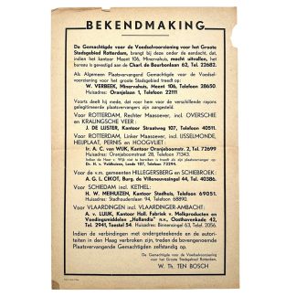 Originele WWII bekendmakingsposter voedselvoorziening Rotterdam Schiedam Vlaardingen Nederlandse bezettingsperiode.