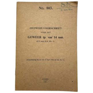 Origineel WWII Nederlands leger 14 mm antitank geweer handboek Londen 1943 met illustraties en technische details.