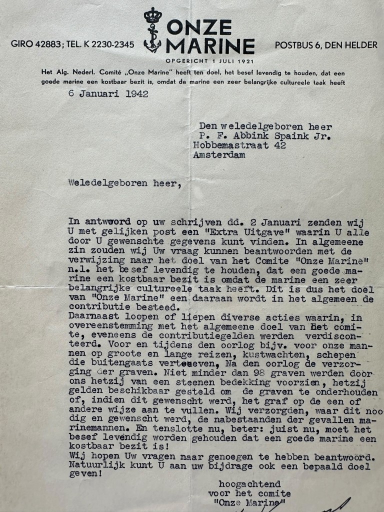 Original WWII Dutch document Algemeen Nederlands Comité 'Onze Marine' in Den Helder 1942