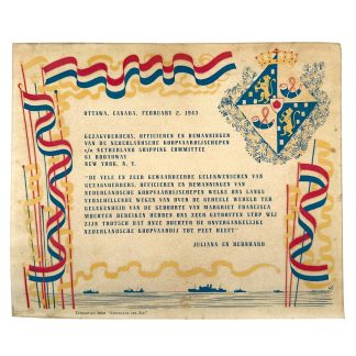 Original WWII Dutch merchant navy citation Ottawa Canada 1943