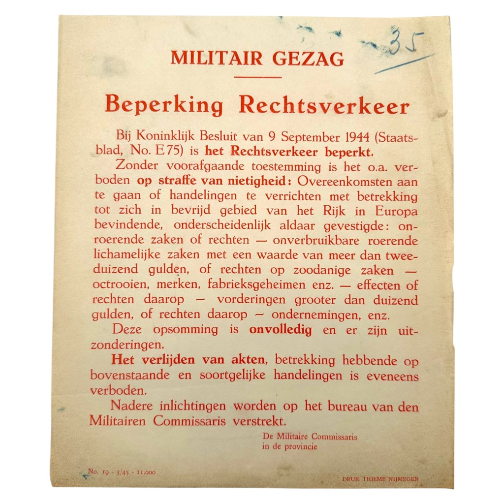 Original WWII Dutch poster 'Beperking Rechtsverkeer' Nijmegen