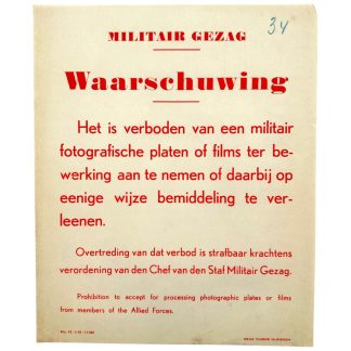 Originele Nederlandse Militair Gezag waarschuwingsposter uit maart 1945 gedrukt in Nijmegen WWII bevrijding affiche.