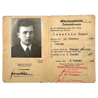 Original WWII German Ausweis Brauer-Mälzer at Brauerei Okocim und Industriewerke Jan Götz Aktiengesellschaft Krakau in Poland 1940