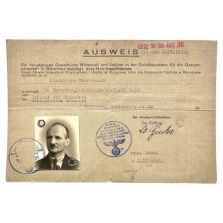 Original German Ausweis 1943 Warsaw Mieczyslaw Iwanowski Bogatello printing company ID Poland WWII document collectible.