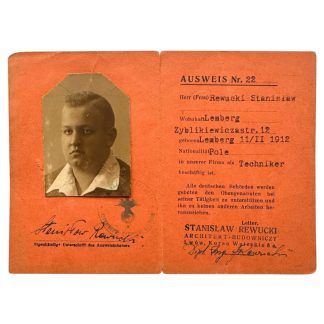 Originaler WWII deutscher Ausweis Lemberg 1944 Stanislaw Rewucki Techniker Architekt Budowniczy Dokument mit Stempeln und Foto.