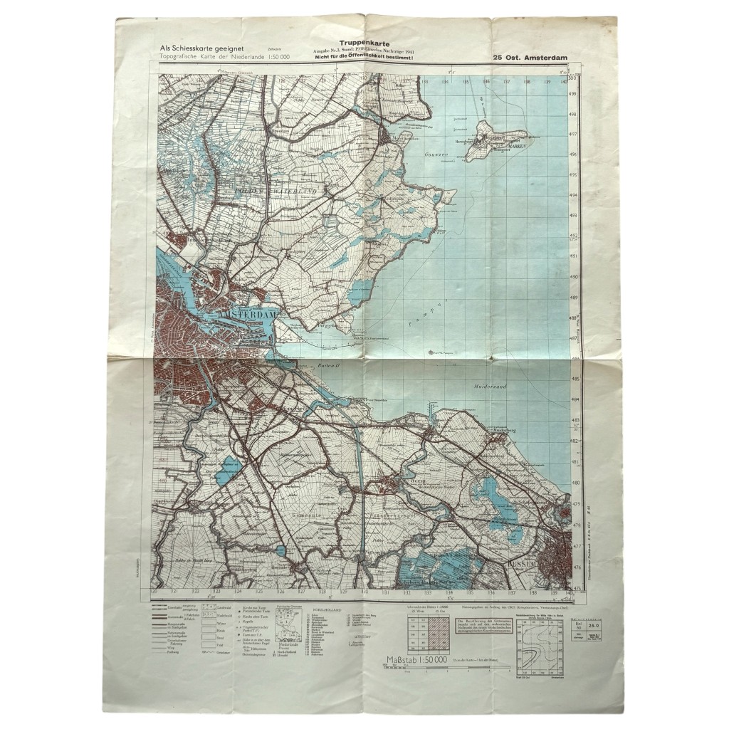 Originele Duitse WWII Truppenkarte Amsterdam maart 1945 Wehrmacht OKH militaire kaart Nederland Waterland Marken