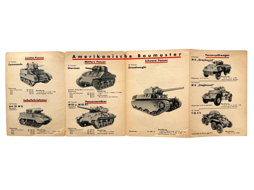 Original WWII German 'Übersichtstafel der wichtigsten Panzerfahrzeuge Engeland-Amerika'