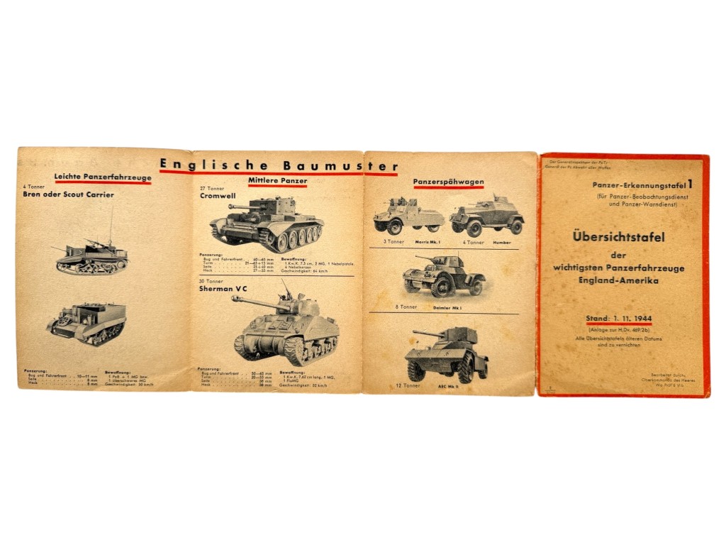 Original WWII German 'Übersichtstafel der wichtigsten Panzerfahrzeuge Engeland-Amerika'