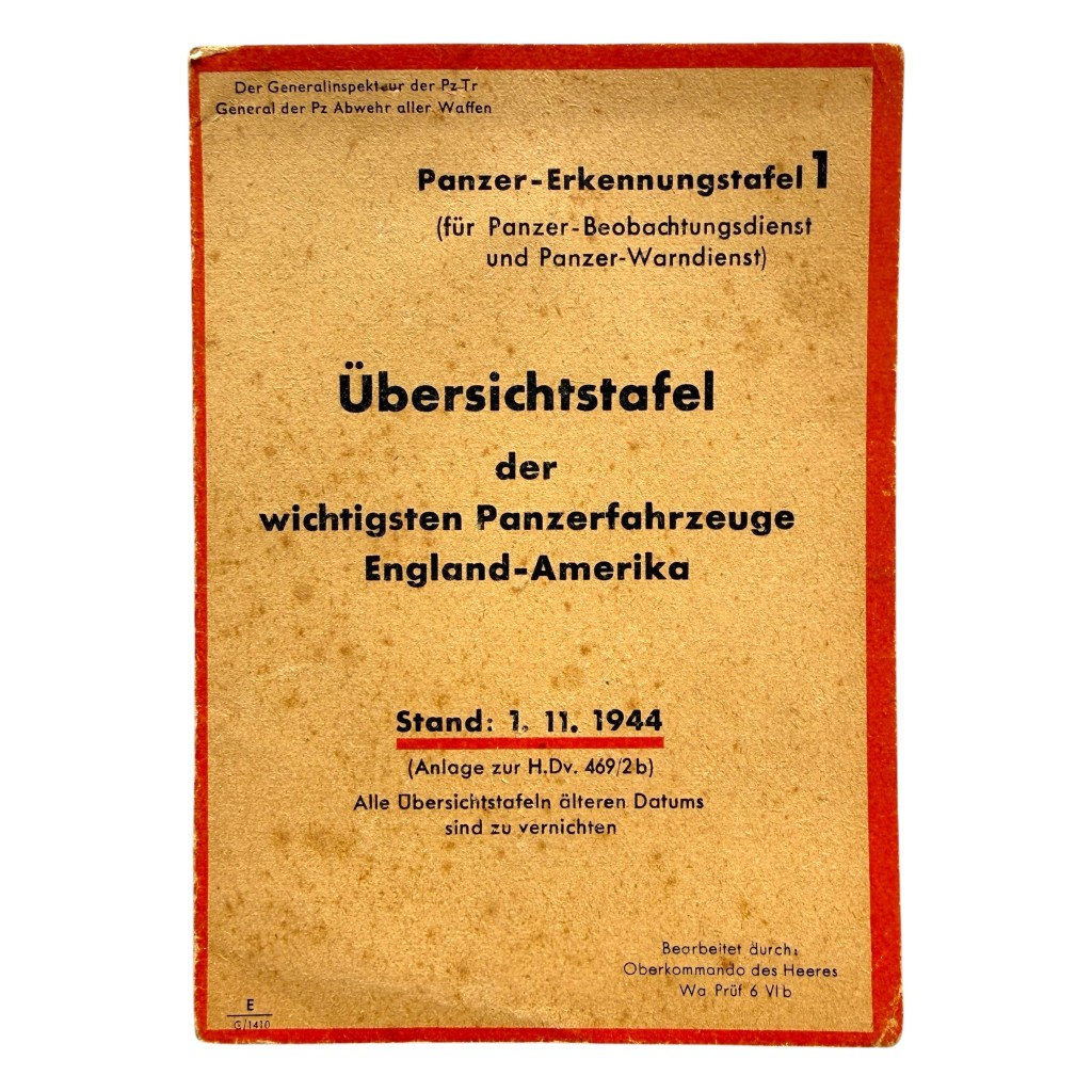 Original WWII German 'Übersichtstafel der wichtigsten Panzerfahrzeuge Engeland-Amerika'