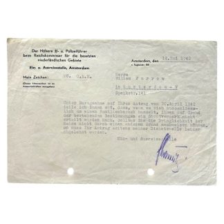 Original WWII German document 'Der Höhere SS- u. Polizeiführer beim Reichskommissar für die besetzten niederländischen Gebiete - Ein- und Ausreisestelle in Amsterdam'