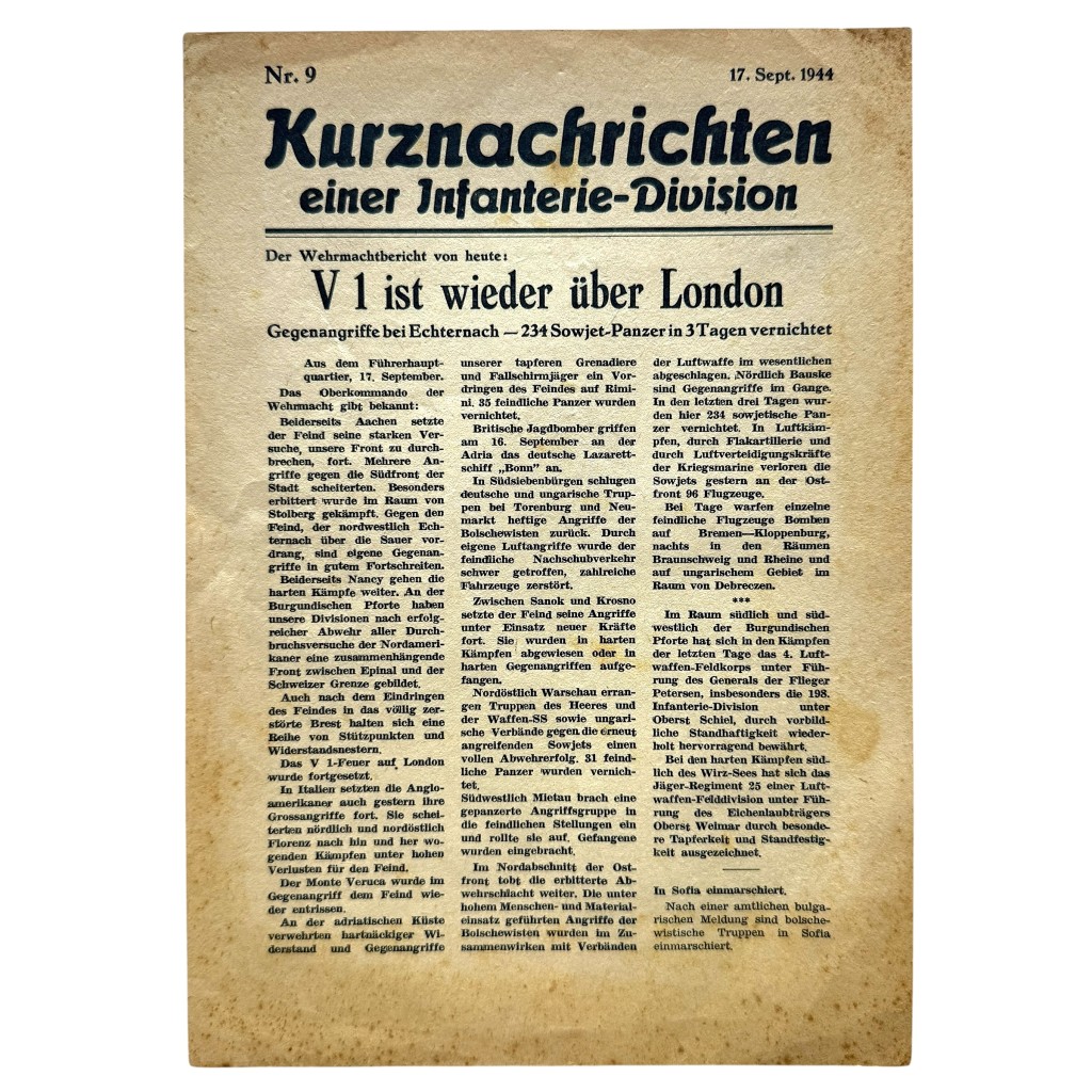 Original WWII German propaganda leaflet Kurznachrichten einer Infanterie-Division September 17 1944 V1 London Wehrmacht Echternach Katyn Prague militaria document.