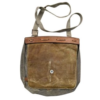 Original Swiss army bread bag WWII canvas field bag with leather details Second World War militaria collectible.