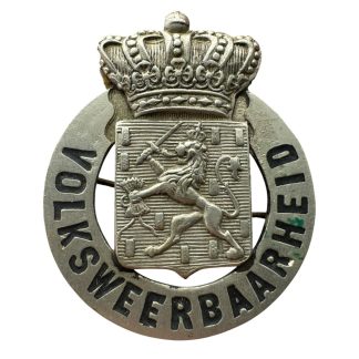 Origineel Nederlands Volksweerbaarheid metalen embleem 1900-1922 met rijkswapen kroon en speld Eerste Wereldoorlog pre WWII.