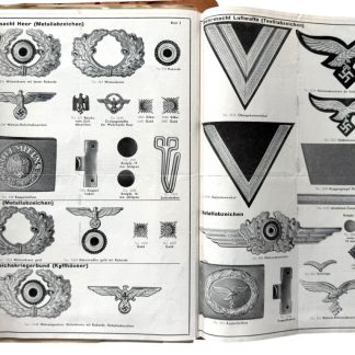 Original WWII German dossier containing an extensive collection of price lists, catalogues, documentation and examples from various German manufacturers of uniforms, insignia, medals and military accessories
