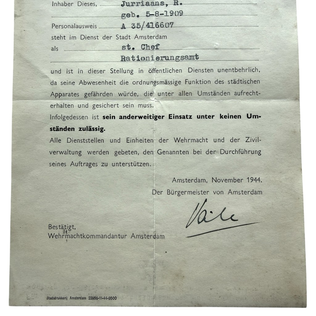 Original WWII German document signed by Edward Voûte NSB mayor of Amsterdam - Image 2