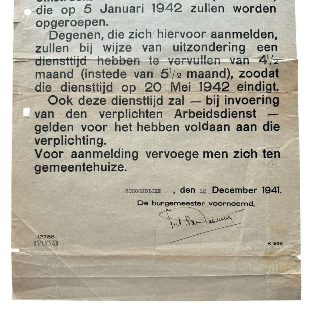 Originele WWII Nederlandsche Arbeidsdienst N.A.D. aanmeldingsposter 1941 Schoondijke in Zeeland, ondertekend door burgemeester François Aarnout van Rosevelt